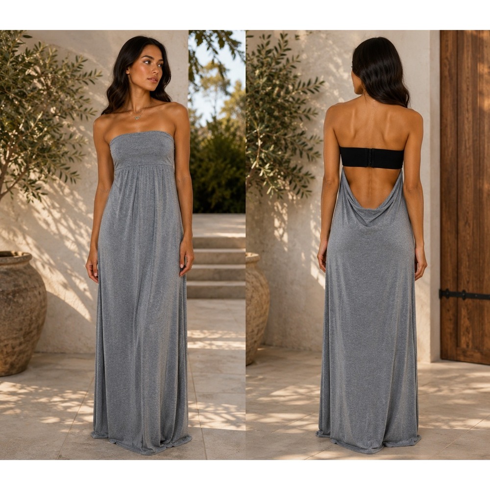 Venus Strapless Gray Maxi Dress Size S NWOT Elastic Back Casual Summer Maxi